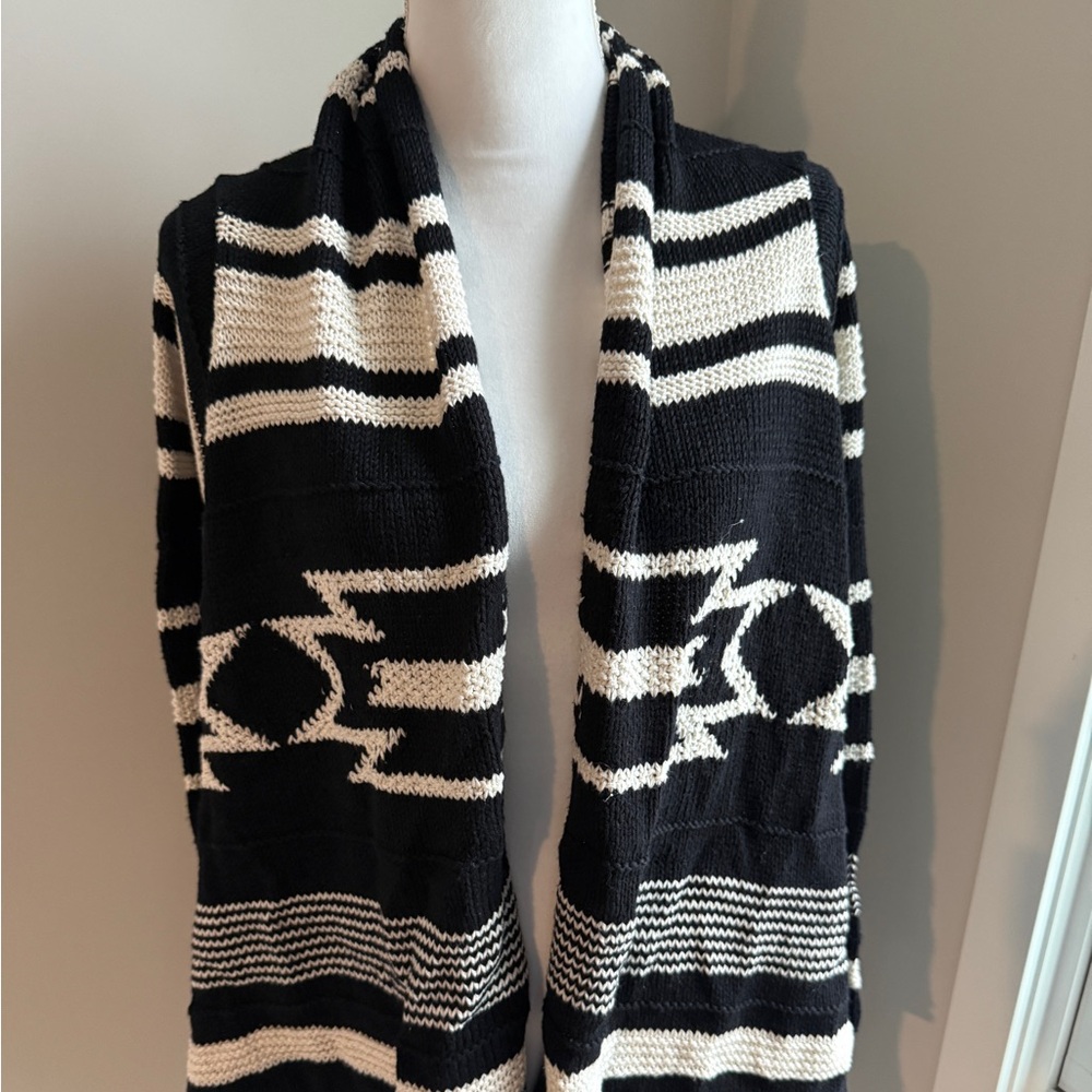 Black and White Striped Women's Wrap Cardigan Sweater